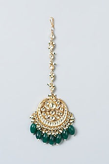 Gold Finish Green Beaded Maang Tikka & Earrings