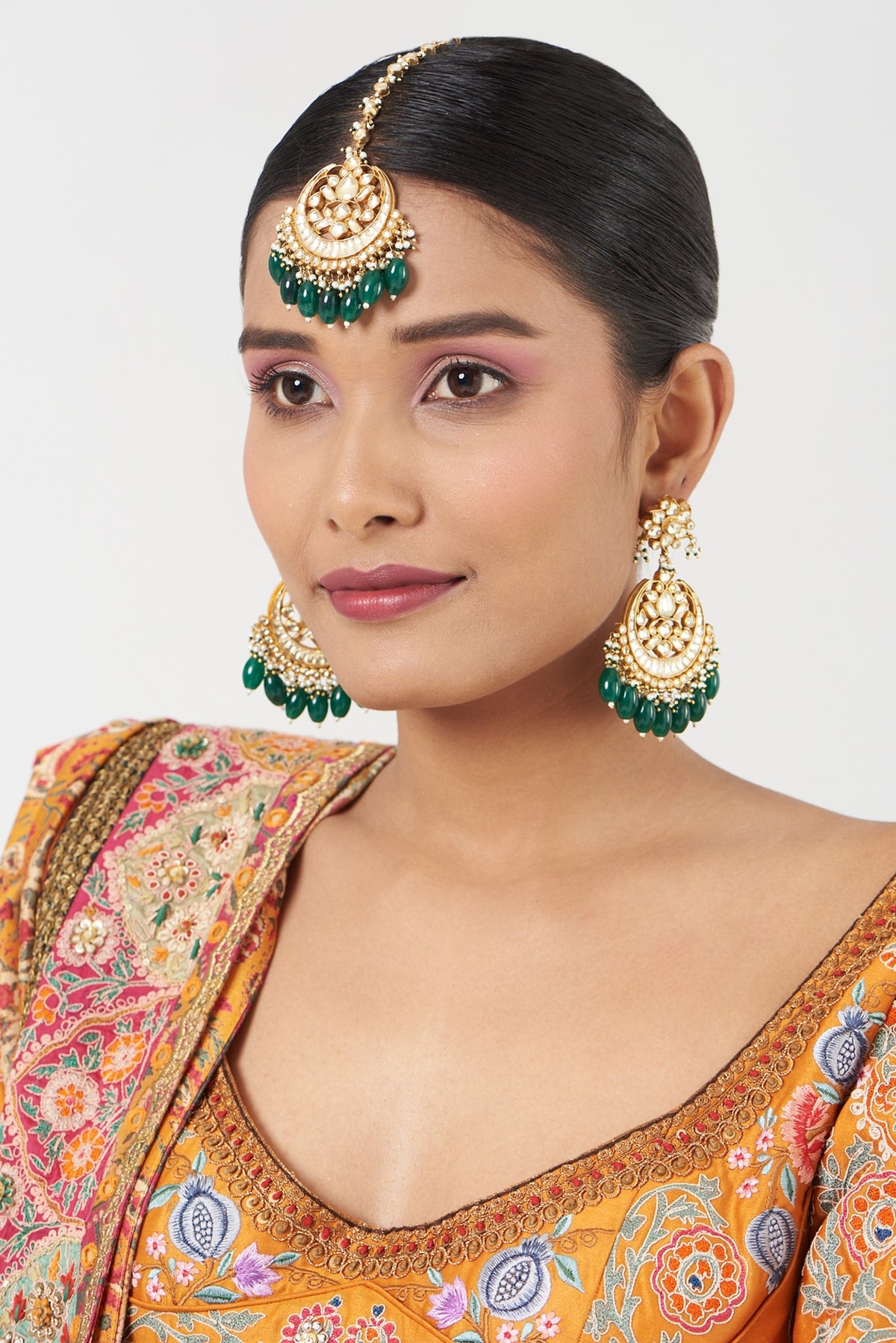 Gold Finish Green Beaded Maang Tikka & Earrings