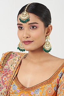 Gold Finish Green Beaded Maang Tikka & Earrings