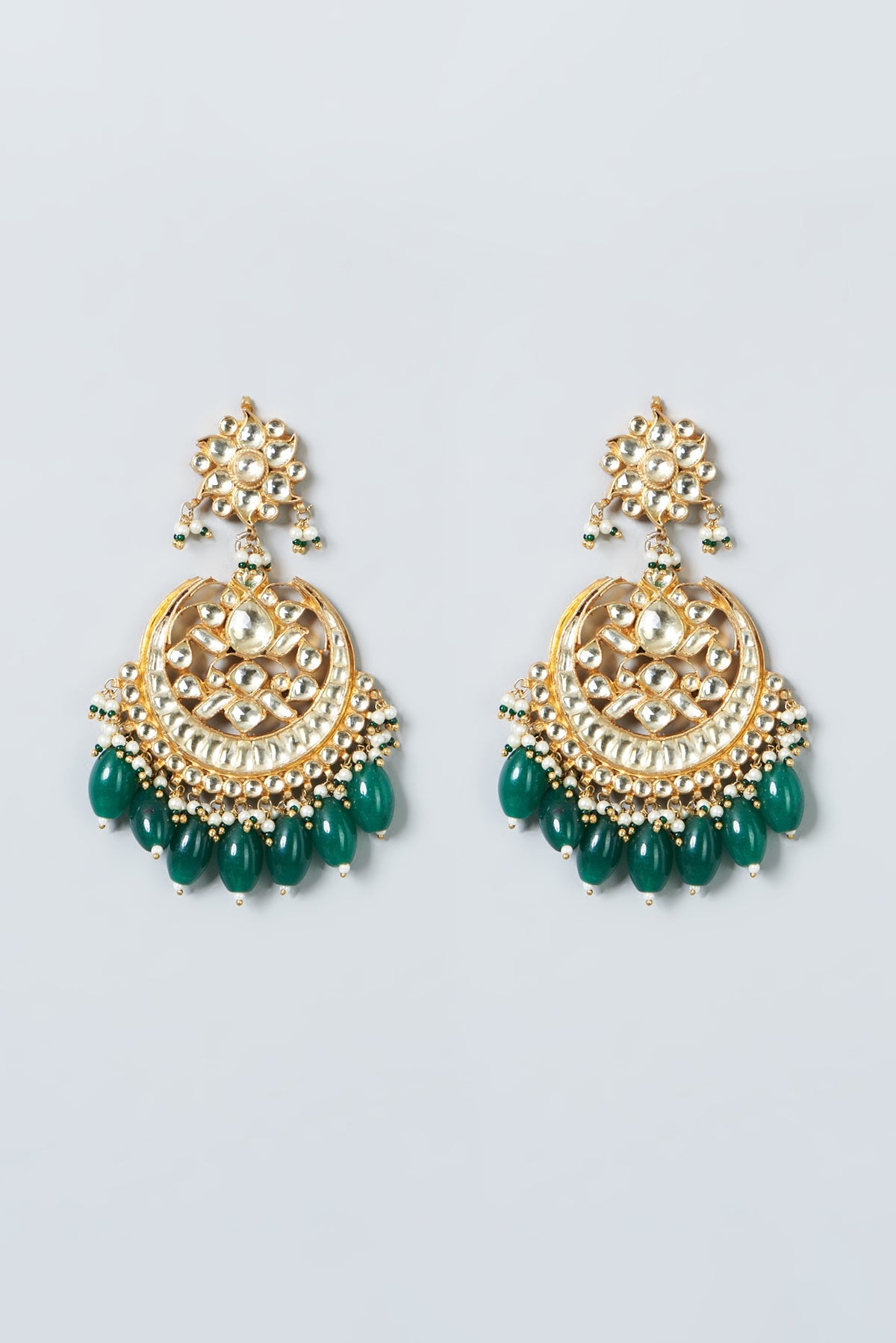 Gold Finish Green Beaded Maang Tikka & Earrings