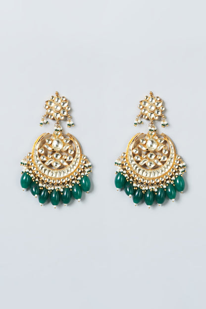 Gold Finish Green Beaded Maang Tikka & Earrings