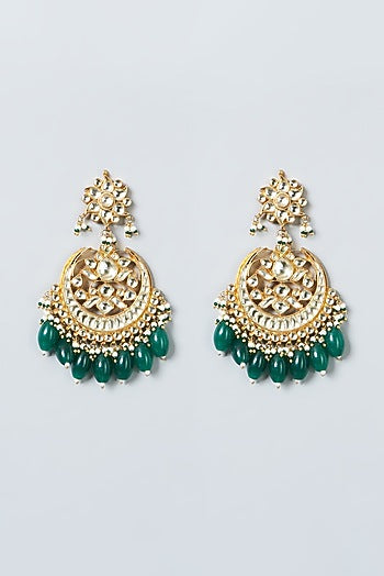 Gold Finish Green Beaded Maang Tikka & Earrings