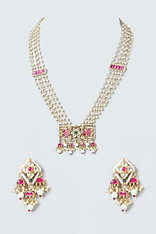 Gold Finish Pearls & Kundan Polki Necklace Set