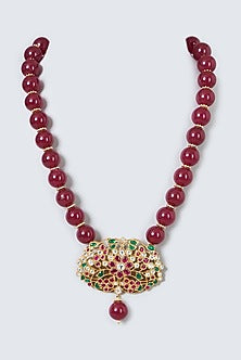 Gold Finish Red Beads & Kundan Polki Necklace