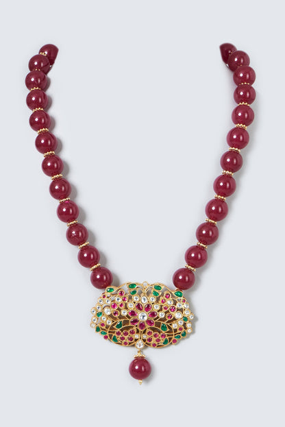 Gold Finish Red Beads & Kundan Polki Necklace