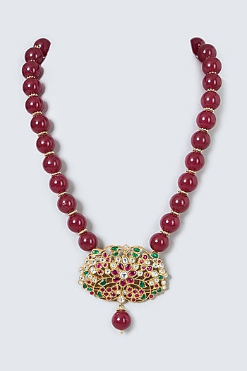 Gold Finish Red Beads & Kundan Polki Necklace