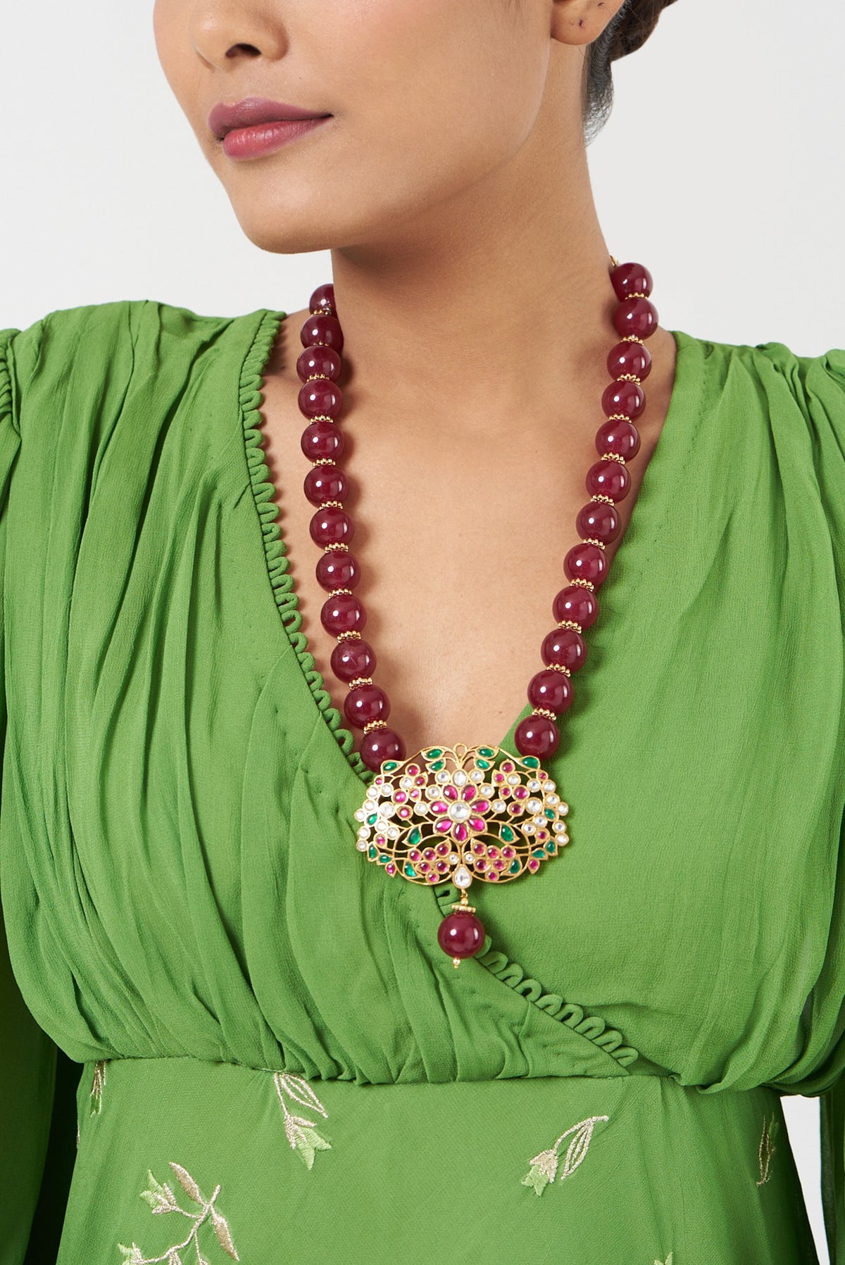 Gold Finish Red Beads & Kundan Polki Necklace