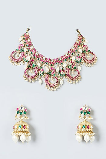 Gold Finish Multi-Colored Kundan Polki Necklace Set