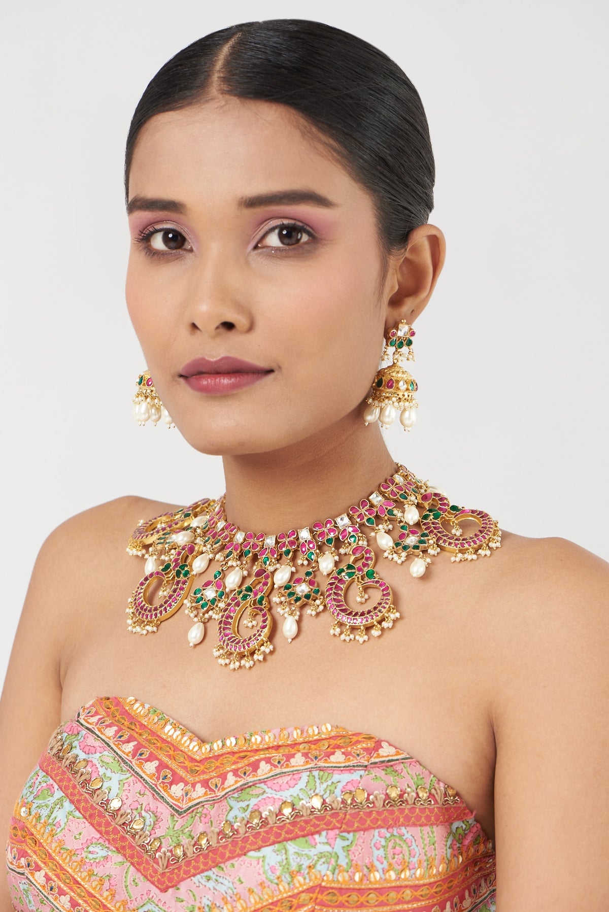 Gold Finish Multi-Colored Kundan Polki Necklace Set