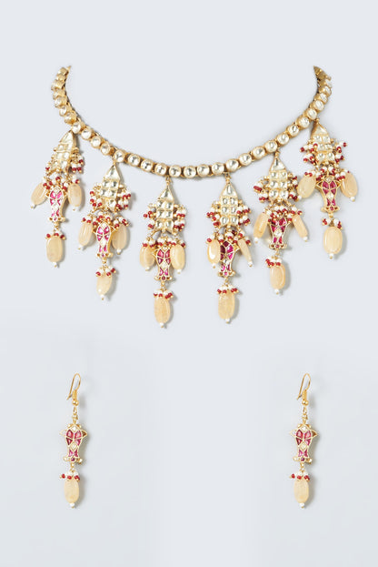 Gold Finish Necklace Set With Kundan Polki