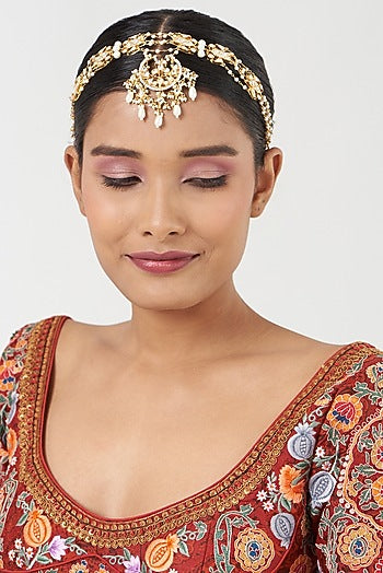 Gold Finish Kundan Polki & Pearl Beads Head Piece