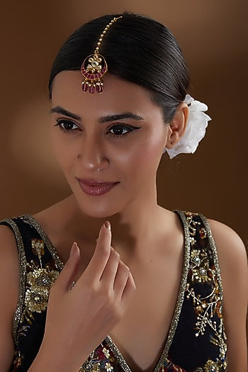 Gold Finish Multi-Colored Kundan Polki & Ruby Maangtikka
