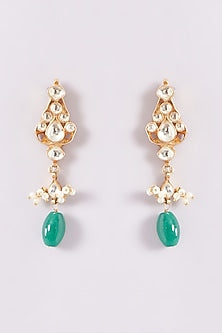 Gold Finish Kundan Polki & Green Beaded Stud Earrings