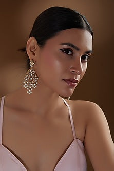 Gold Finish Kundan Polki & Pearl Beaded Chandbali Earrings