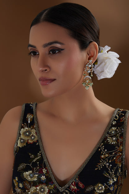 Gold Finish Kundan Polki & Green Beaded Dangler Earrings