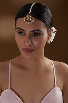 Gold Finish Kundan Polki & Pearl Beaded Maangtikka