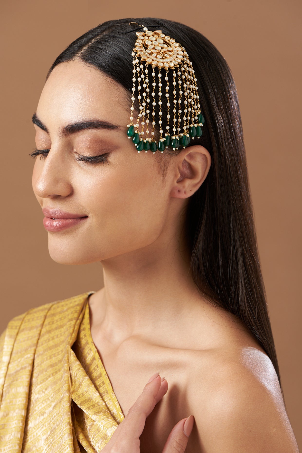 Gold Plated Kundan Polki & Green Brads Passa