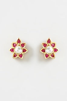 Gold Finish Kundan Polki Stud Earrings In Sterling Silver