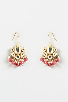 Gold Finish Kundan Polki & Red Beads Dangler Earrings