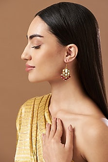 Gold Finish Kundan Polki & Red Beads Dangler Earrings