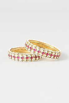 Gold Finish Kundan Polki & Moti Pirai Bangles (Set Of 2)