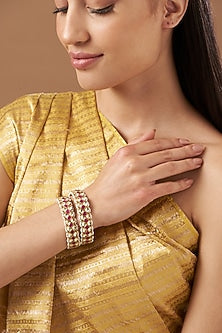 Gold Finish Kundan Polki & Moti Pirai Bangles (Set Of 2)