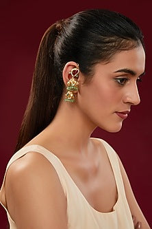 Gold Finish Kundan Polki & Green Beaded Jhumka Earrings