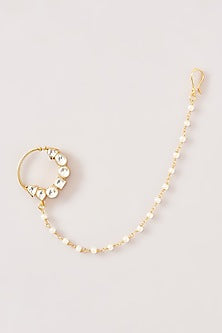 Gold Finish Kundan Polki & Pearl Beaded Nose ring