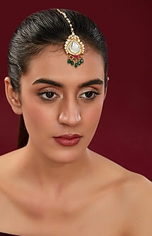 Gold Finish Kundan Polki & Green Beaded Maangtikka