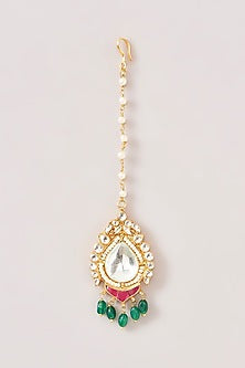 Gold Finish Kundan Polki & Green Beaded Maangtikka