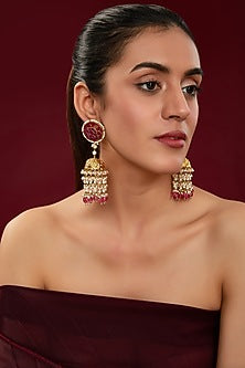 Gold Finish Kundan Polki & Pearl Beaded Jhumka Earrings