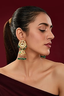 Gold Finish Kundan Polki & Green Beaded Jhumka Earrings