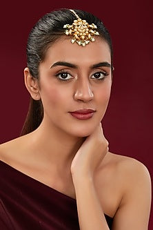 Gold Finish Kundan Polki & Green Beaded Maangtikka