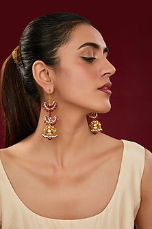 Gold Finish Kundan Polki & Red Beaded Dangler Earrings