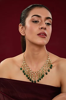 Gold Finish Kundan Polki & Green Beaded Necklace