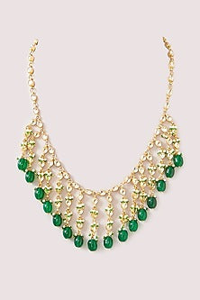 Gold Finish Kundan Polki & Green Beaded Necklace