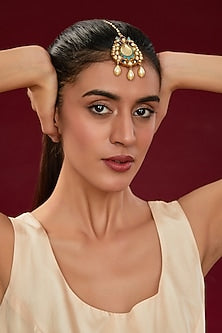 Gold Finish Kundan Polki & Pearl Maangtikka