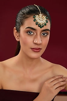 Gold Finish Kundan Polki & Green Beaded Maangtikka