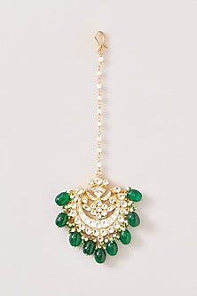 Gold Finish Kundan Polki & Green Beaded Maangtikka