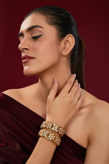 Gold Finish Kundan Polki Kadas (Set Of 2)