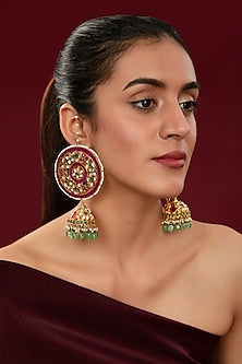 Gold Finish Kundan Polki & Green Beaded Dangler Earrings