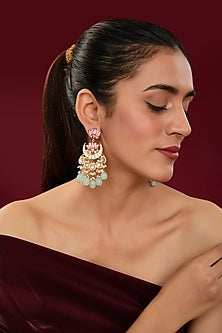 Gold Finish Kundan Polki & Pearl Beaded Enamelled Dangler Earrings