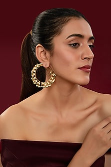 Gold Finish Kundan Polki & Green Beaded Chandbali Earrings