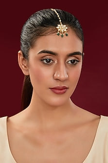 Gold Finish Kundan Polki & Green Beaded Maangtikka