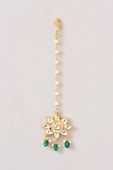 Gold Finish Kundan Polki & Green Beaded Maangtikka