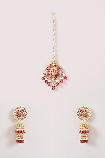 Gold Finish Kundan Polki & Pink Beaded Dangler Earrings With Maangtikka