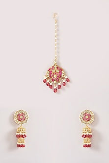 Gold Finish Kundan Polki & Pink Beaded Dangler Earrings With Maangtikka