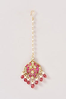 Gold Finish Kundan Polki & Pink Beaded Dangler Earrings With Maangtikka
