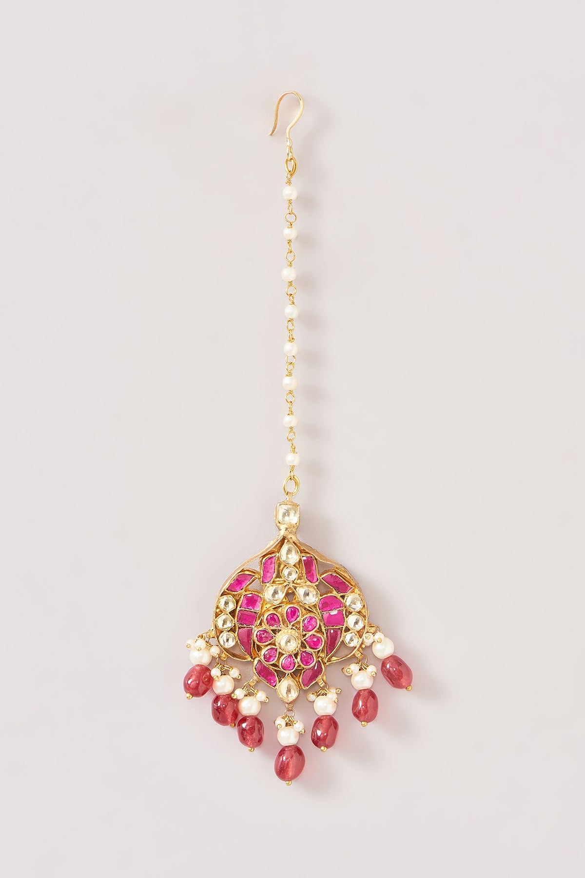 Gold Finish Kundan Polki & Pink Beaded Dangler Earrings With Maangtikka