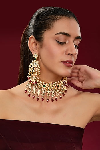 Gold Finish Kundan Polki & Multi-Colored Beaded Choker Necklace Set